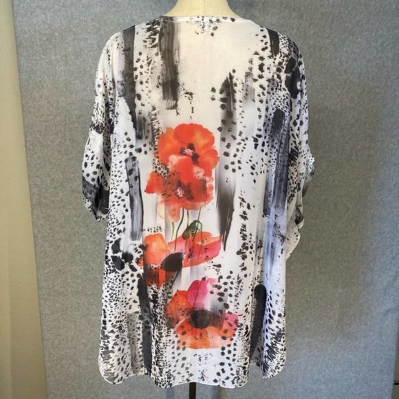 Jess & Jane Women's Tunic White Red Poppy Sequin Sheer Cheetah Asymmetrical XL - Picture 4 of 14
